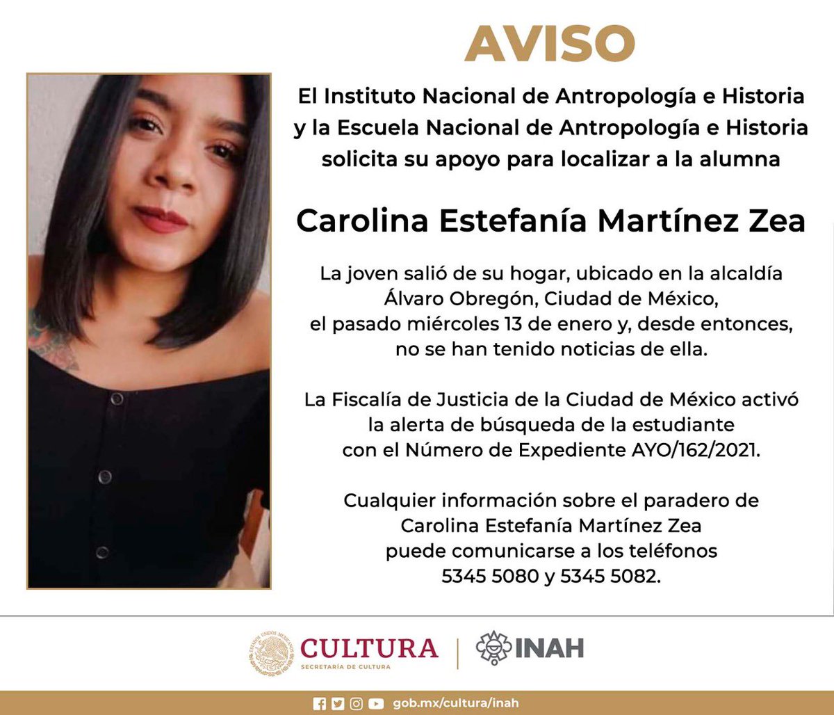 INAHmx's tweet photo. Ayúdanos a localizar a Carolina Estefanía Martínez Zea. https://t.co/E0kAMeYKxS