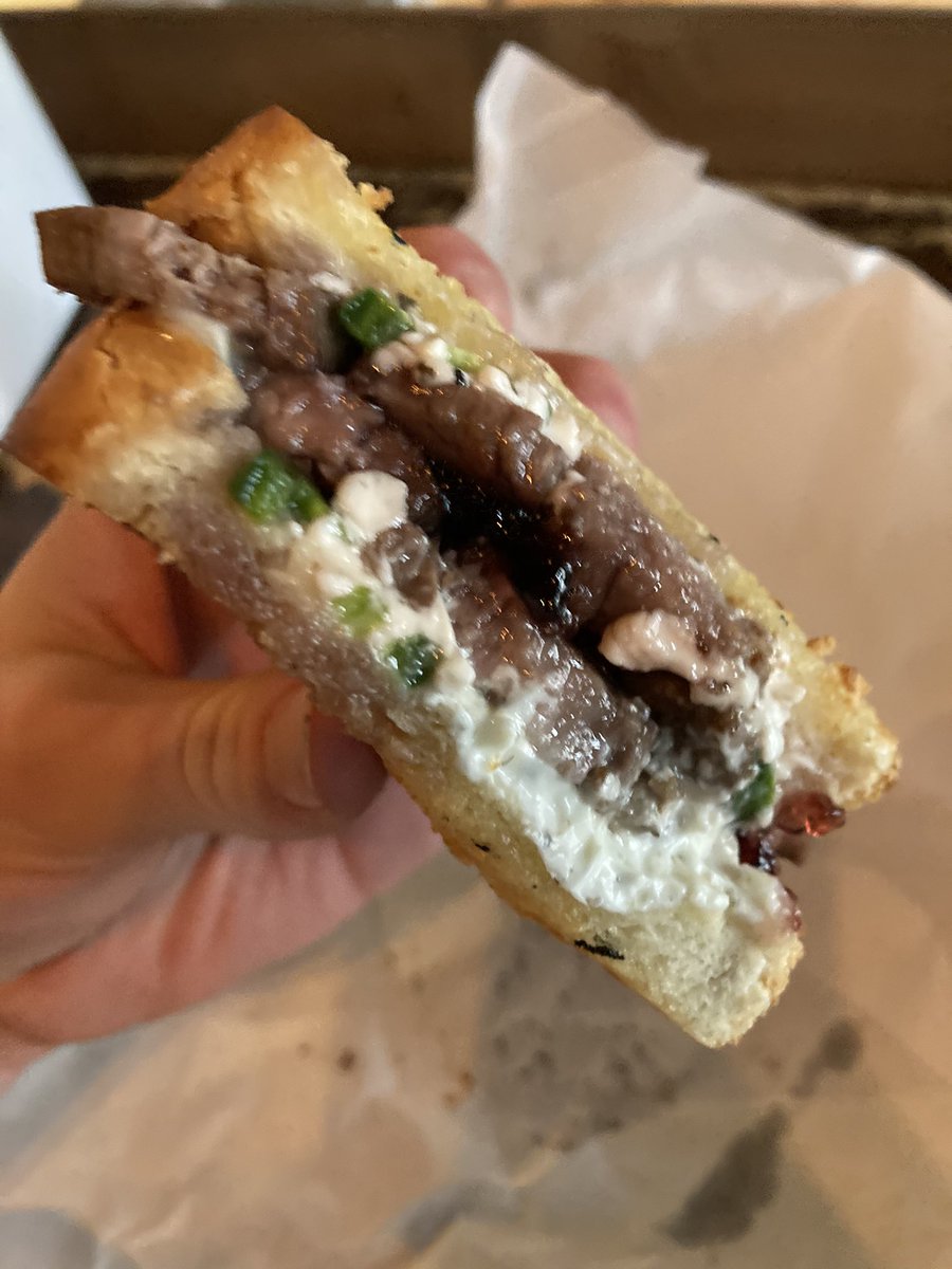 Steak, basil cream cheese, jalapeños, provel, and grape jelly on sourdough. A Springfield Missouri nod