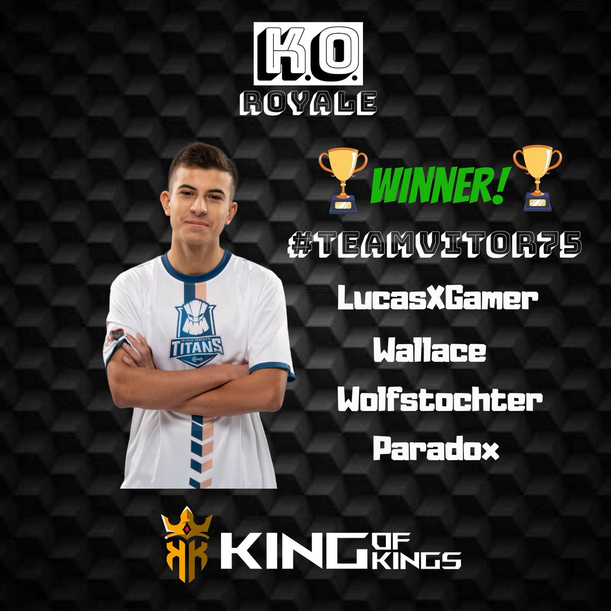 #KORoyale | Winners

The first team winning KO Royale 5v5 was #TeamVitor75!

We want to thank for all the support on @exef_cr stream today and <a href="/xJebuz/">Jebuz</a> and <a href="/Vitor75u/">Vitor75 🇵🇹</a> for acepting the invite.

Next Saturday we will have new captains to form their teams, stay tunned!

#KORoyale