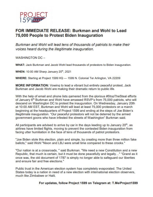 LukeAnalysis's tweet photo. ๐จNEW: Jacob Wohl's Telegram: #JacobWohl & #JackBurkman will "make their dramatic return" by "leading a vibrant but entirely peaceful protest" of "at least 75,000" at #Biden's #InaugurationDay. 10am 1/20 from #Project1599. @JacobWohlReport @FBIWFO @BidenInaugural @MurielBowser https://t.co/GcutuDtc1A