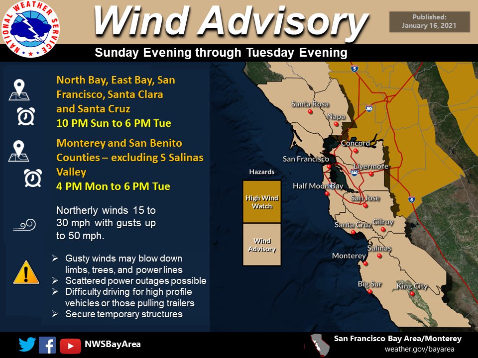 Widespread strong winds are expected from Sunday night through Tuesday.