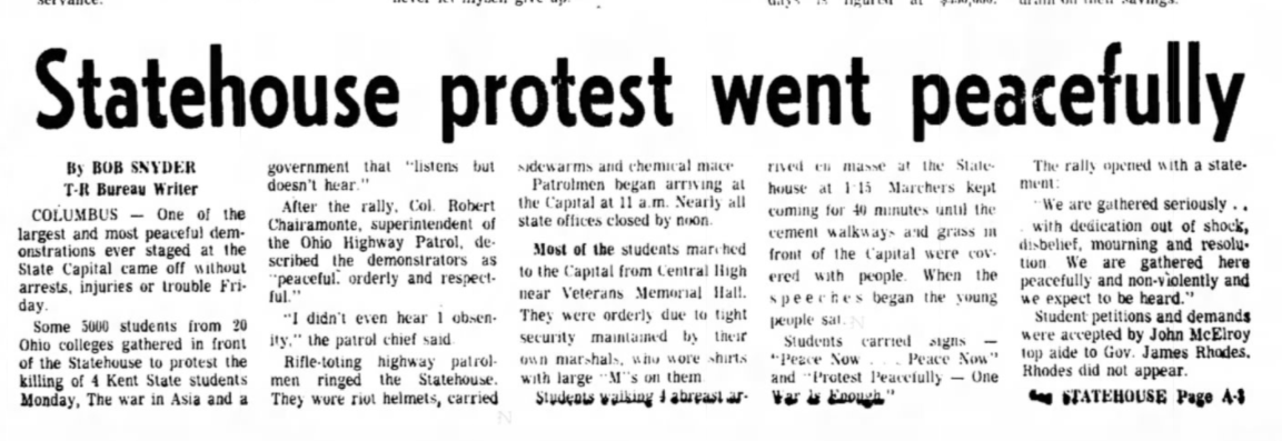 THREAD: Protest coverage at the Ohio Statehouse over the years. Starting with one of 5,000 college students shortly after the Kent State shootings. (May 8, 1970)