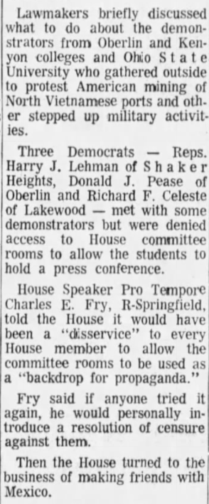 May 1972 -- more student protests re: the Vietnam War And interesting legislation agreeing to return captured Mexican Army flags from a war in 1846-1848.