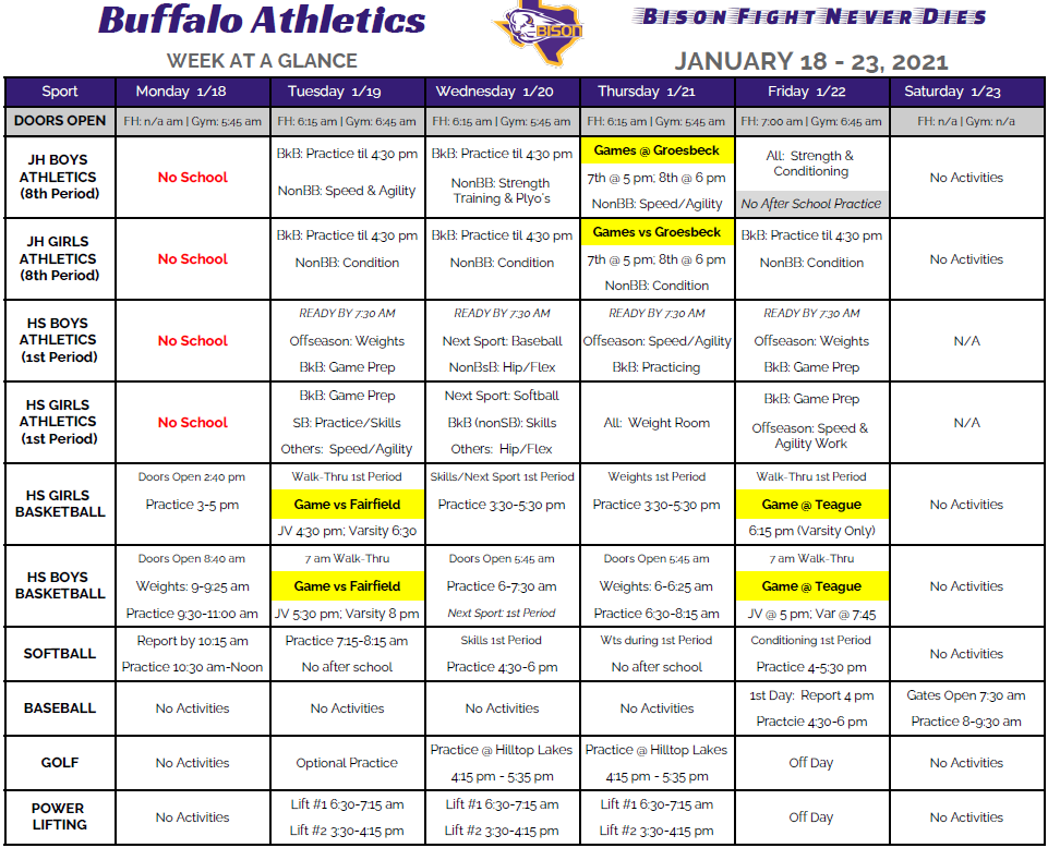 Week at a Glance:  January 18-23