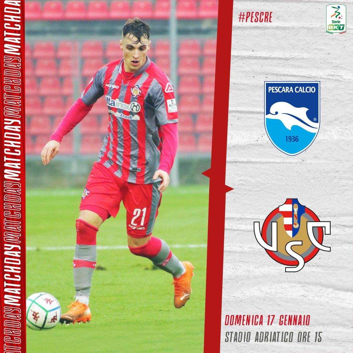 USCremonese's tweet photo. 🔘🔴💪
📍 Domenica
🏟 Stadio “Adriatico”
⏰ Ore 15
🏆 #SerieBKT  - 18* giornata
🗣 #forzagrigiorossi 
#PESCRE https://t.co/NDal04Lqys