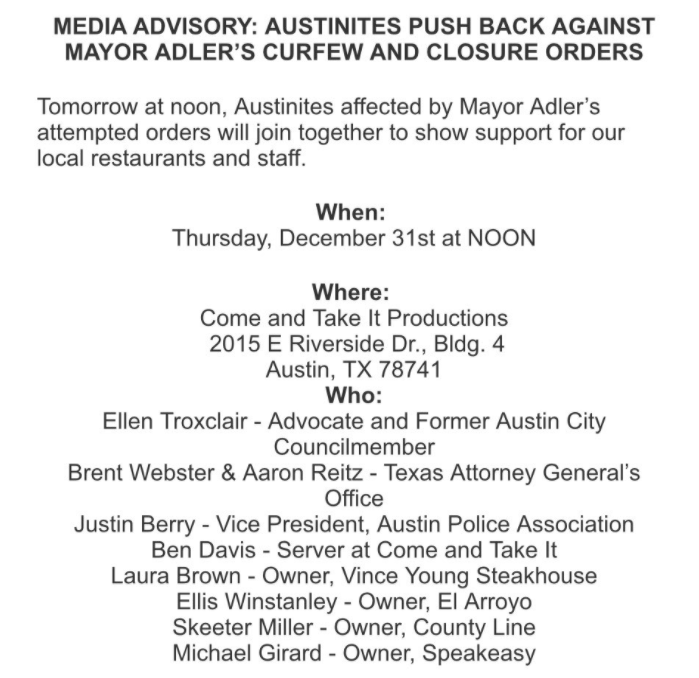 OrganizingTexas's tweet photo. @ElArroyo_ATX Remember when you guys pushed back against city curfews to further endanger your guests and staff? https://t.co/7yxtWOnbTW