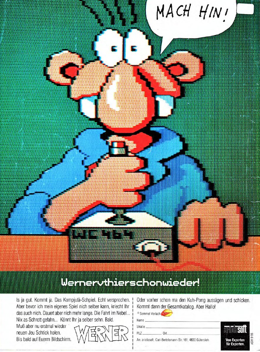 TakodanTweets's tweet photo. Not sure if this German ad is about a game called 'Werner' or something else? Advert by #Ariolasoft https://t.co/a0CXzmK3BC
