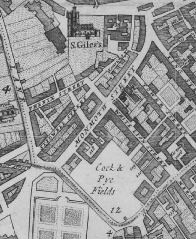By the mid-17th century, the only open ground left was the boggy expanse that is now 7 Dials. Recorded on a map of 1658 as 'Marshland', it had become, by 1682, ' #CockAndPye Fields'.