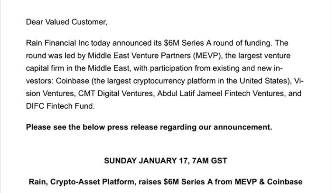AbdullahMashat's tweet image. Coinbase تستثمر في Rain البحرينية

منصة Coinbase والتي تعتبر الاكبر في امريكا من ابرز مستثمري جولة رين

الاستثمار جاء في جولة Series A بحجم 6 مليون دولار وشملت مستثمرين اخرين مثل عبداللطيف جميل,MEVP وVision Fund

*يذكر ان Rain اول شركة يتم ترخيصها لتداول العملات المشفرة في الخليج