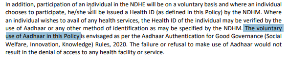 The said policy mentions "Voluntary" use of Aadhaar for creation of Health ID. Assuming this is the privacy policy of the app and going by various other communication from  @MoHFW_INDIA - Aadhaar is one of the ID and not the only ID for vaccination.