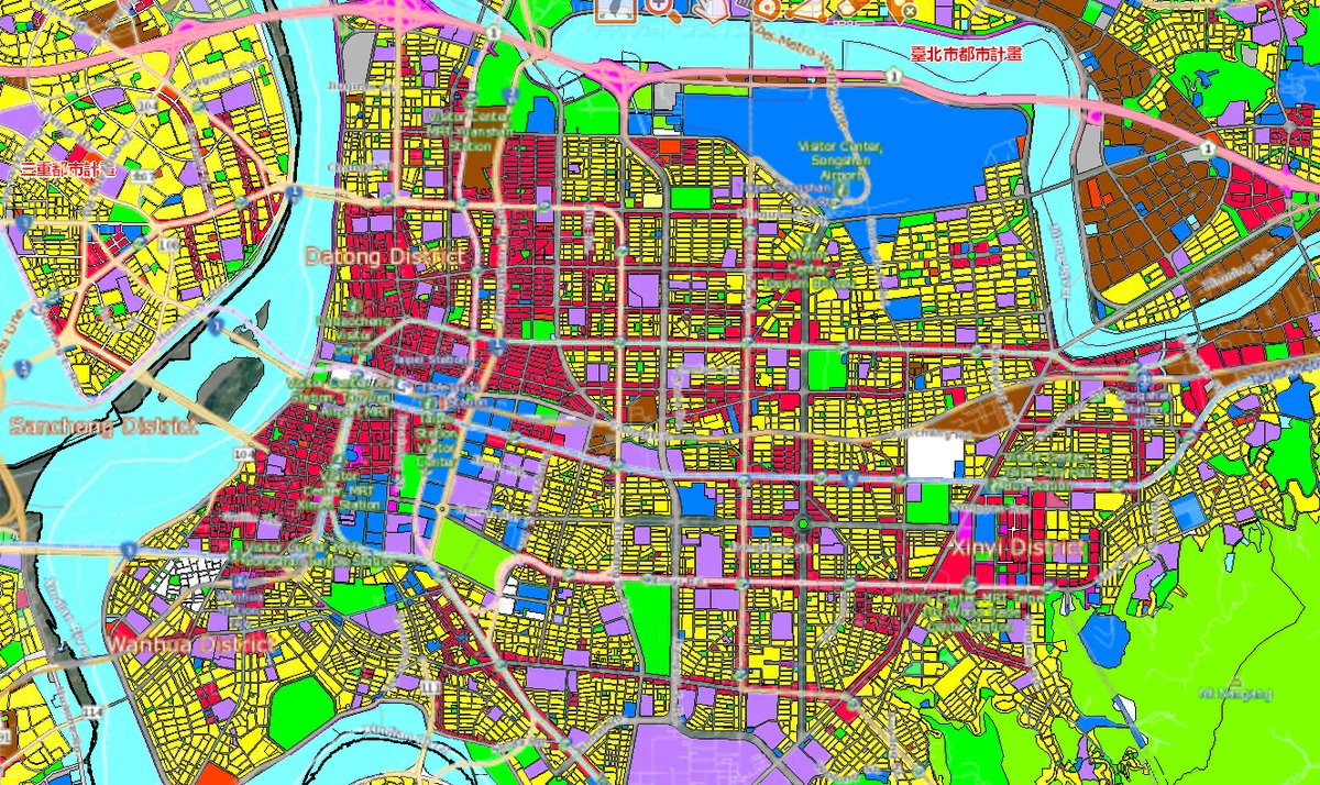 Taipei has wide avenues spaced about a quarter mile apart and lined with commercial buildings (red). Residential buildings (yellow) fill the areas in between, while industrial areas are at the edges (brown).  Zoning map of all of Taiwan at  https://maps.nlsc.gov.tw/ 