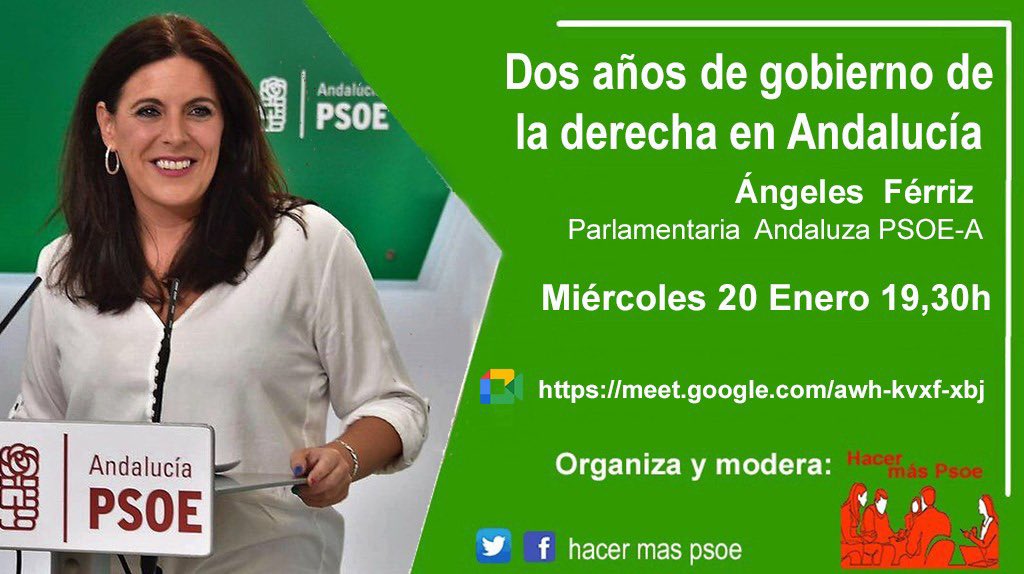 El miércoles día 20 a las 19.30 estaremos hablando de los dos años de gobierno de la derecha en #Andalucía con <a href="/angelesferriz/">Ángeles Férriz</a>. 
Si quieres participar, pica el enlace: 

meet.google.com/awh-kvxf-xbj