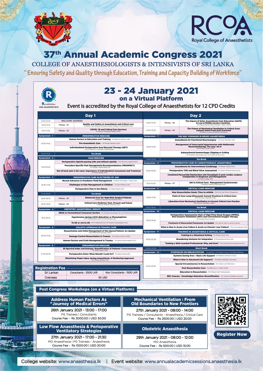 Annual Academic Congress 2021 - College of #Anaesthesiologists &amp; #Intensivists of #SriLanka
Event is accredited by the <a href="/RCoANews/">Royal College of Anaesthetists</a> for 12  CPD credits
Registration  
anaesthesia.lk/overseas-regis…