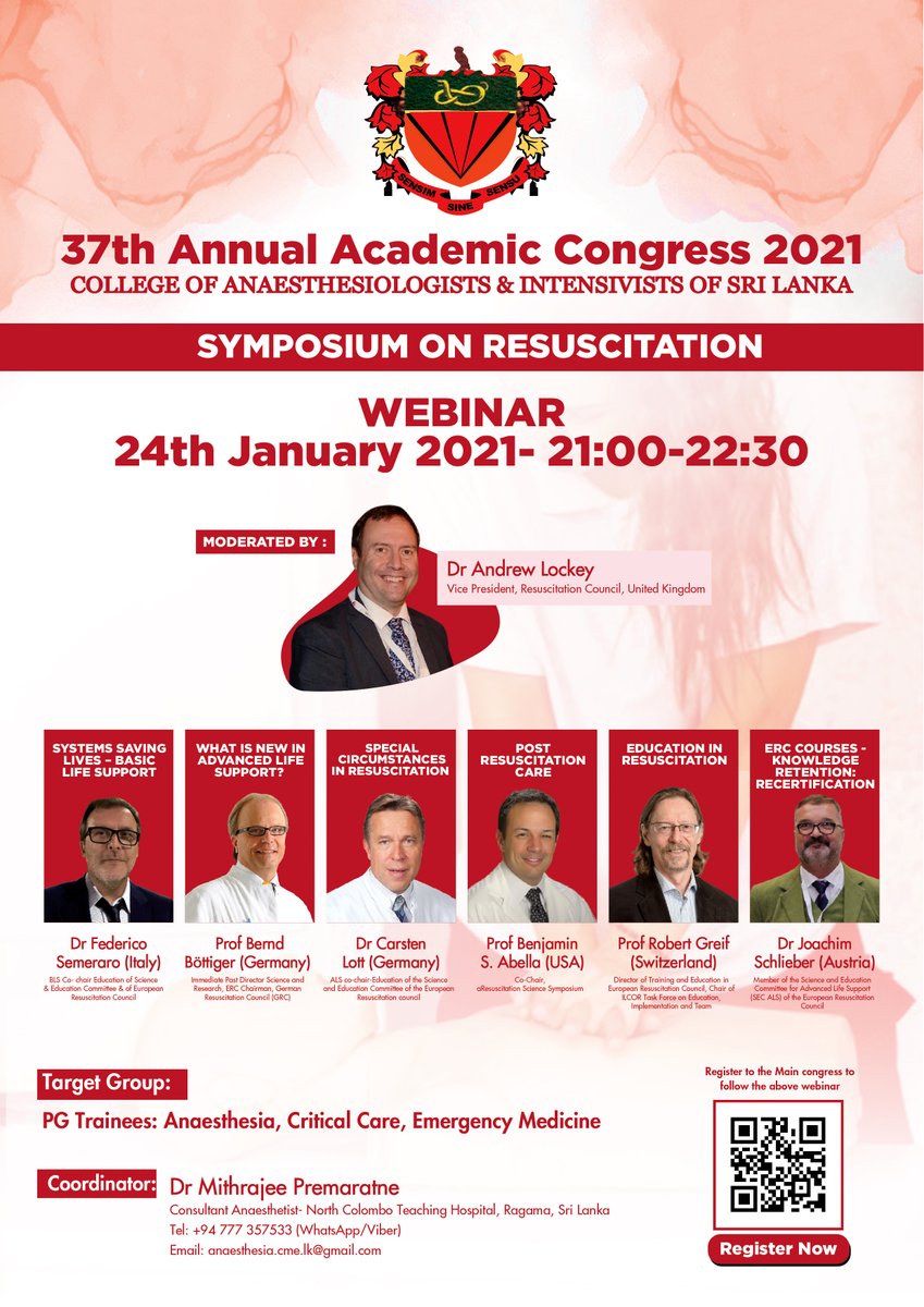 37th AAC 2021 of College of Anaesthesiologists &amp; Intensivists of Sri Lanka - 23-24 January 2021
Symposium on #Resuscitation 
Need to register for the Main Congress to catch this event 
anaesthesia.lk/overseas-regis…