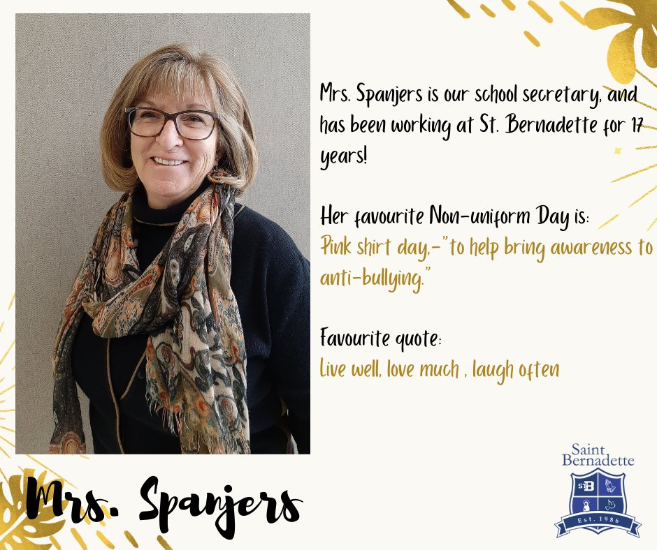 This is our awesome School Secretary: Mrs. Spanjers.
She is amazing and well loved by our community.
Let's get to know her :)

#schoolsecretary #stbeestaff #stbee #staffappreciationpost #family #community #officeadministrator #admin