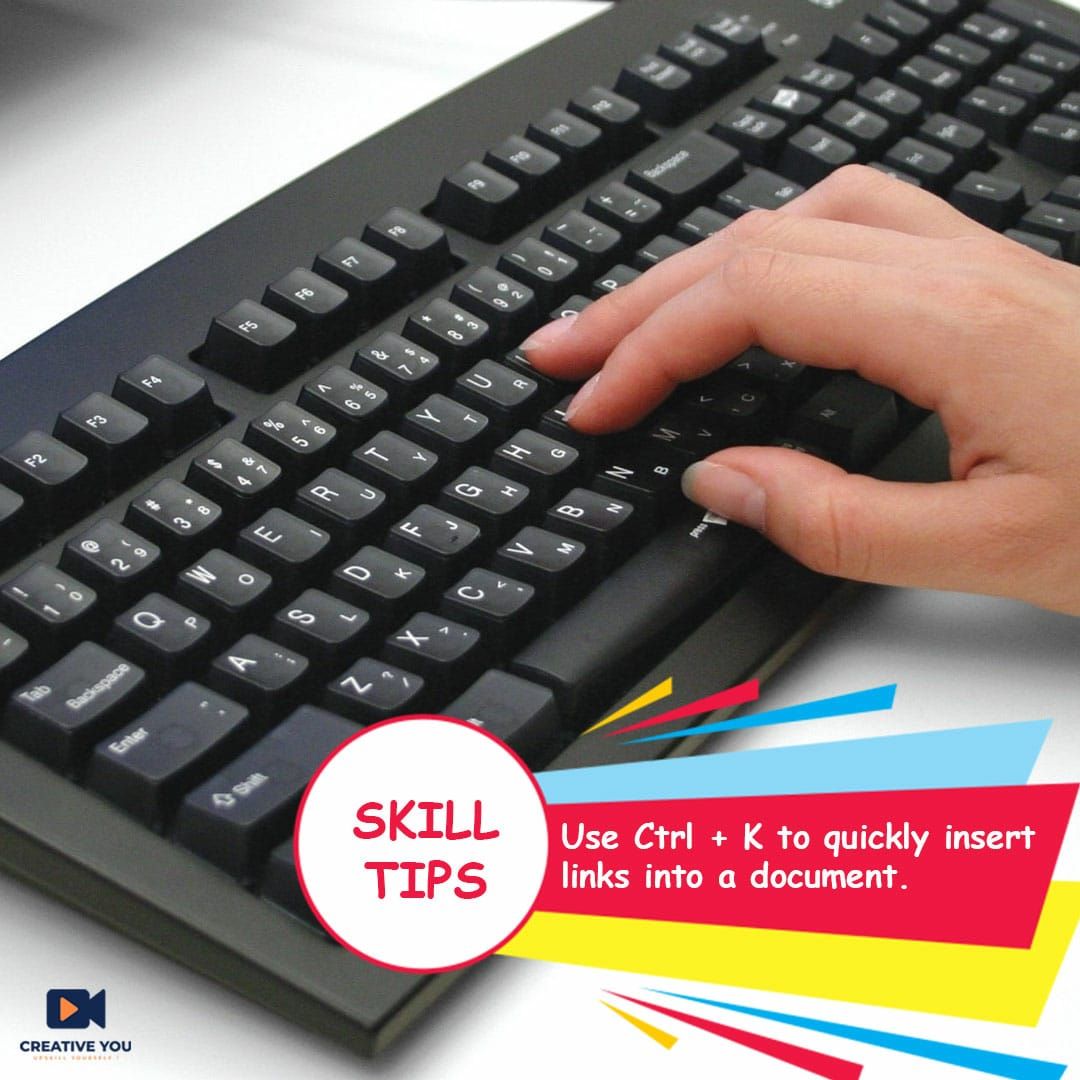 creatveyou's tweet photo. Learning the keyboard shortcut for adding web links to a document "Ctrl + K " will save lots of time and quickly become the sharpest tools in your kit.
Visit https://t.co/QrdS8fJ94p

#creativeyou #freesessions #learnfromexpert #learning #skillbuilding #successtips #tipoftheweek https://t.co/qqsb6fniDz