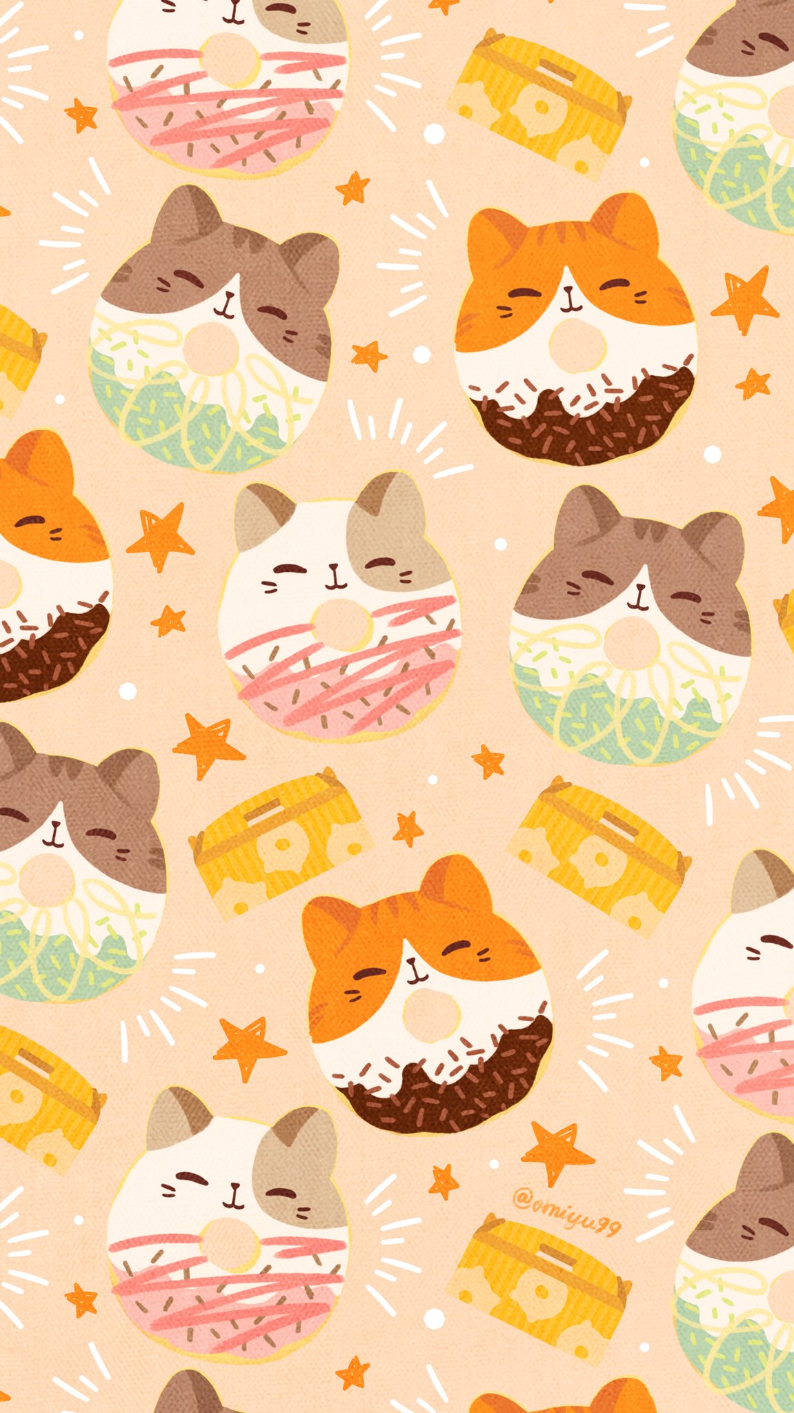 Omiyu お返事遅くなります ねこドーナツな壁紙 Illust Illustration 壁紙 イラスト Iphone壁紙 ドーナツ Donuts ねこ 猫 Cat 食べ物