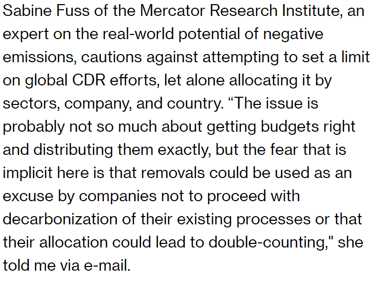 On the "CDR budget" idea, Sabine Fuss, probably the world's leading expert in what is actually *known* about negative emissions, cautions against too much precision. But she agrees the risk is that CO2 removal "could be used as an excuse by companies" to not actually decarbonize: