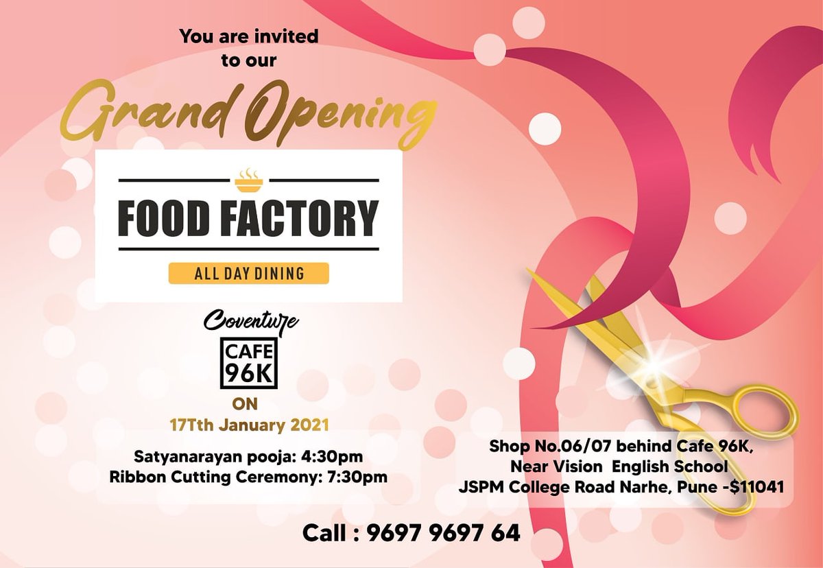 Food Factory welcomes everyone to their Grand Opening on 17th January 2021. We will be honored to have you all on this special occasion.
#foodfactory #welcomes #everyone #foodjoint  #satyanarayanpooja #ribboncuttingceremony #alldaydining #cafe96k #pune #India #grandopening