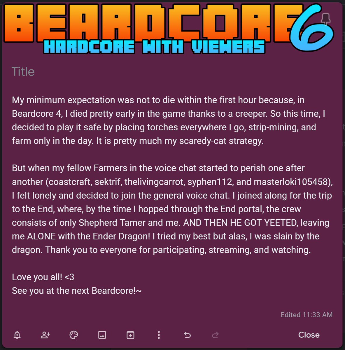lisafleuradams's tweet photo. Another awesome #Beardcore event!~ A great get-together with a great community! Thank you @MrBeardstone + Mods & Admin for Beardcore, it has a special place in my heart! I love it whenever both Java and Bedrock people can come together to play Hardcore!.. 💗 https://t.co/o96B8JpXdc