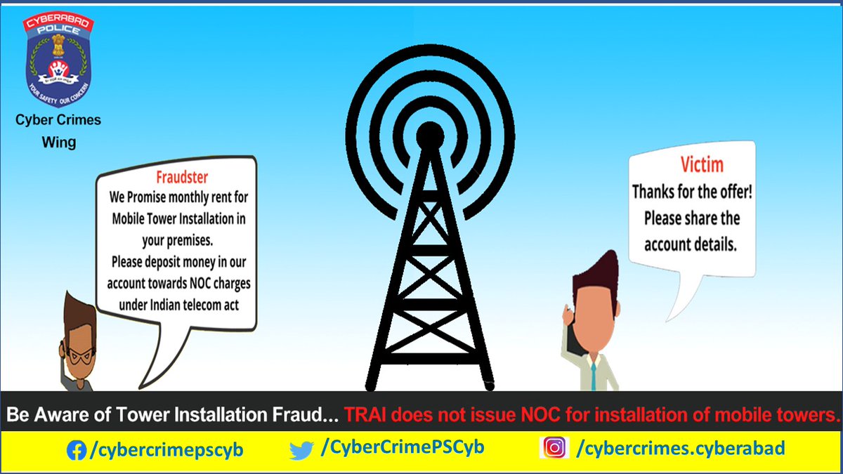 CyberCrimesCyb's tweet photo. Beware of Tower Installation fraud
#Towerinstallation #Fraud #Alert #TRAI #NOC #Cyberfrauds #onlinescams #Cybercrimespscyberabad #cyberabadpolice
@cyberabadpolice @Cyberdost @TelanganaCOPs @hydcitypolice @RachakondaCop @SCSC_Cyberabad https://t.co/k7gDNQO9ne