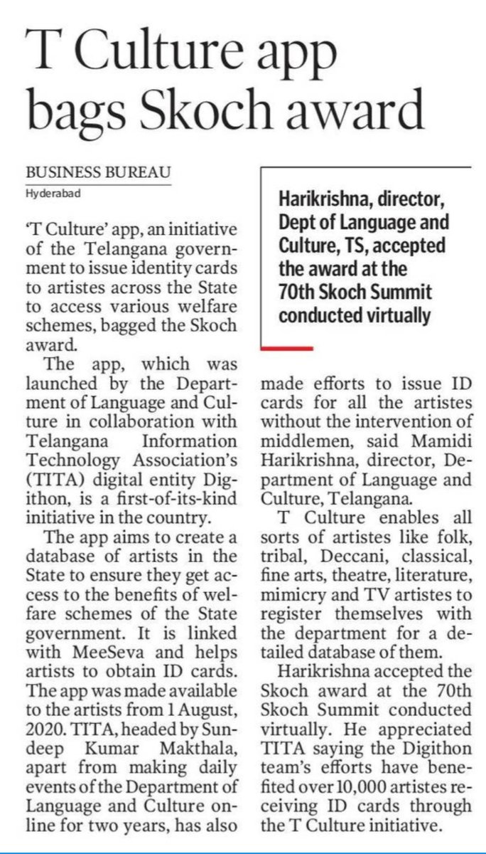 TelanganaIT's tweet photo. Thanks to @SkochSameer and team @skochgroup for the prestigious award to #Tculture App 🙏

Kudos @KTRTRS @VSrinivasGoud @MamidiHarikrishna @SundeepMakthala and team 👏 https://t.co/5Ux4e9G3B5