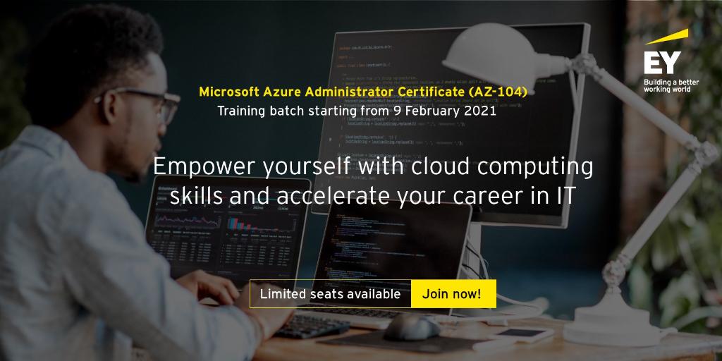EY_India's tweet photo. Advance your career in #cloud administration with @Azure Administrator training by #EYLearning solutions. Batches starting from 9 February 2021. Register now at https://t.co/XVUF9ZJ5qM @MicrosoftIndia https://t.co/TymLpk9Jya