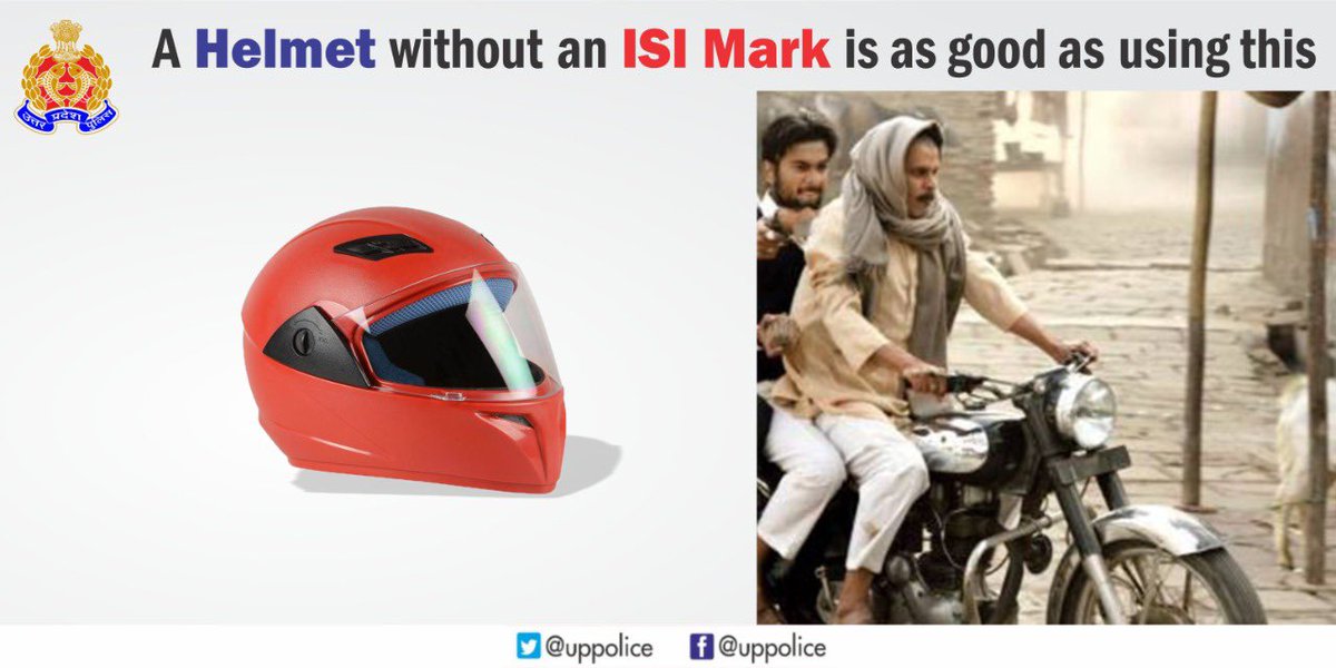 Uppolice's tweet photo. A low quality helmet remains low on safety too.
Always use an ISI marked helmet for your safety !
#InvestForSafety
#RoadSafety #HelmetsForAll
#Helmets #DontDrinkAndDrive
#NoneForTheRoad
#BoozeItLooseIt https://t.co/2hBru3qXy9