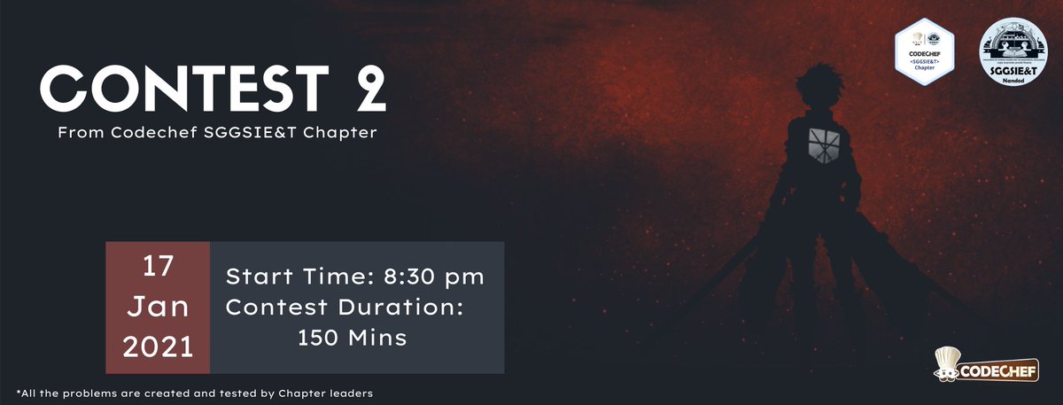 codechefsggsiet's tweet photo. It's happening tonight @ 8:30 PM IST! Get ready for the battle 👨‍💻

Contest link : https://t.co/sxj2TXOlG8 https://t.co/1Ij4nTsU6k