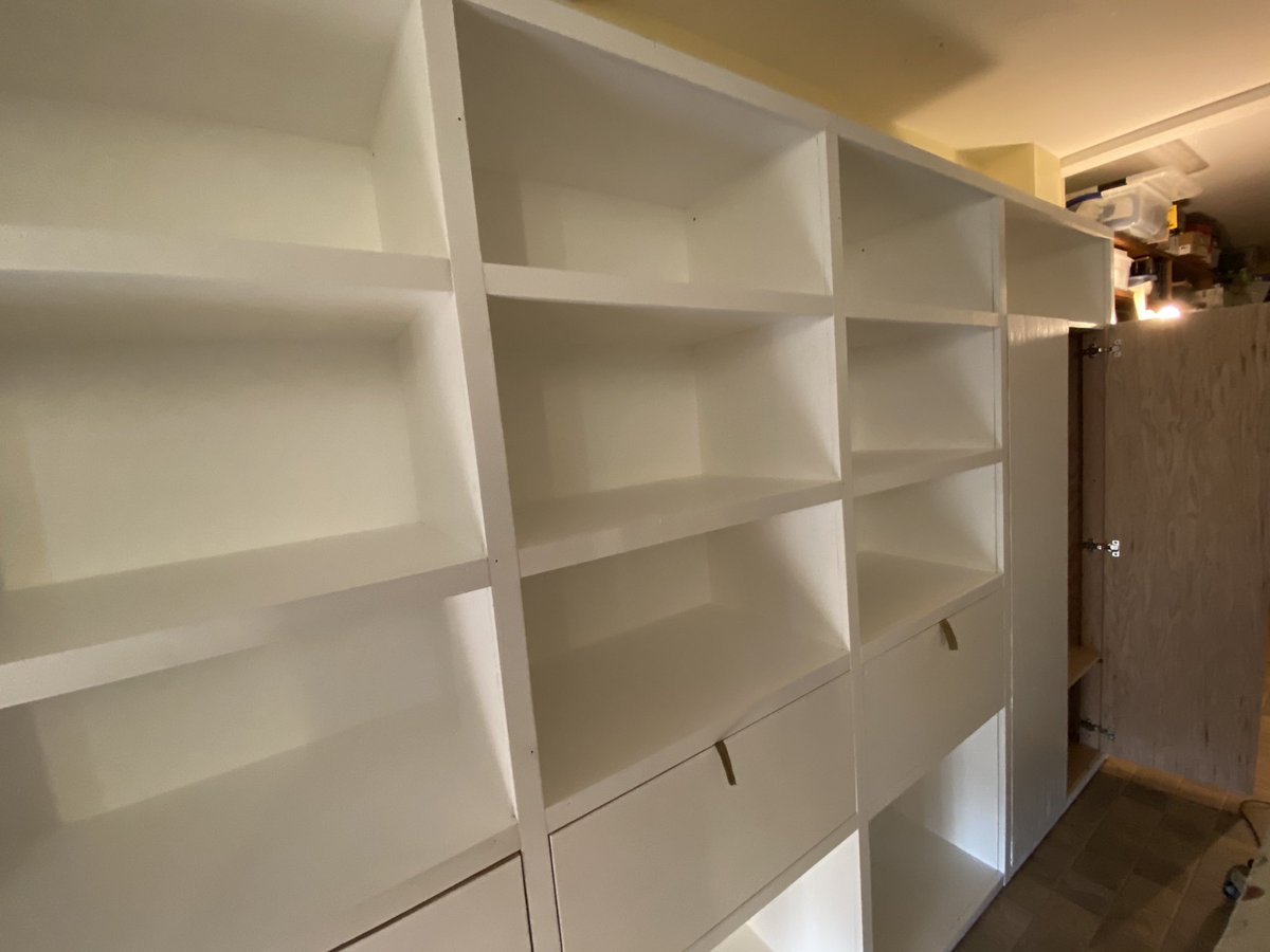 thekaai's tweet photo. How it started. How it’s going. Spent last 4 weekends turning some 3/4 inch oak plywood into wifey’s custom shelves and wardrobe. Maybe I can be a carpenter if this enginerd thing doesn’t work out #QuarantineProjects https://t.co/UPOhFKHt0a