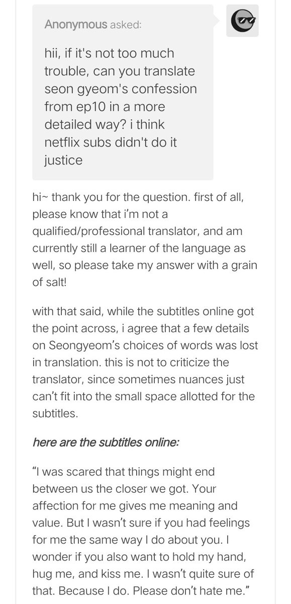 Adding this here too. This is the more detailed/more literal translation of Seon-gyeom's confession from ep10 as translated by our subber @/filmwuju on tumblr / ig #RunOn  #런온source:  https://filmwuju.tumblr.com/post/640455469916405760/hii-if-its-not-too-much-trouble-can-you/amp?__twitter_impression=trueThanks  @nothere4you and  @kdwmgy for notifying https://twitter.com/qineunssi/status/1350648520378781699?s=19