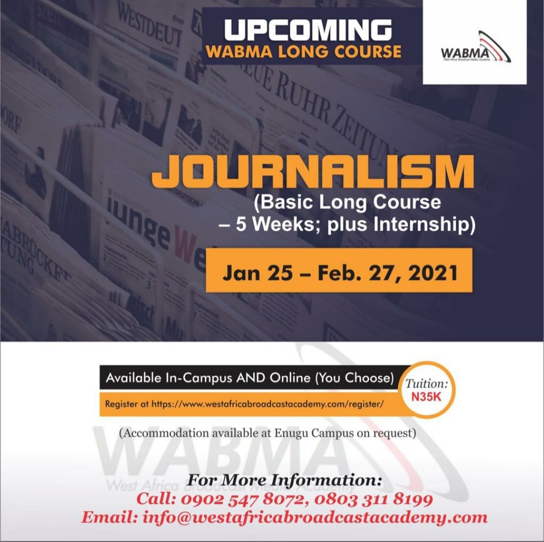 Ekeneodigwe's tweet photo. The West Africa Broadcast and Media Academy ( WABMA) @wabmaonlineย journalism class is for management-level journalists and media managers who need to make their media operations more profitable
Register ๐
https://t.co/ZHLvjOpFiK
#WABMA #EkweNdigbo https://t.co/KxKjWV9yXt