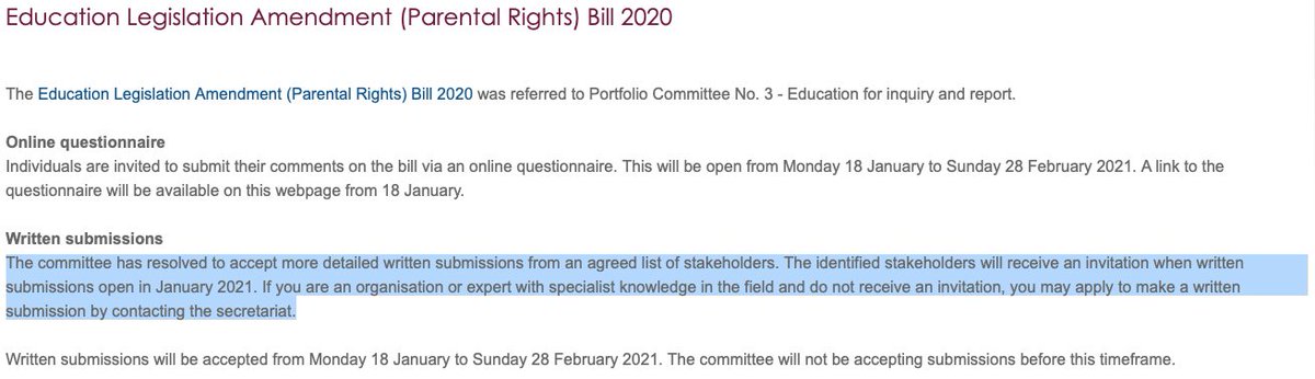 While the community survey approach is not new (and was actually used last year in relation to Latham's seperate 'Religious Freedoms' Bill), one thing that does seem unprecedented is the fact the Committee will only accept more detailed submissions 'by invitation'. 3/