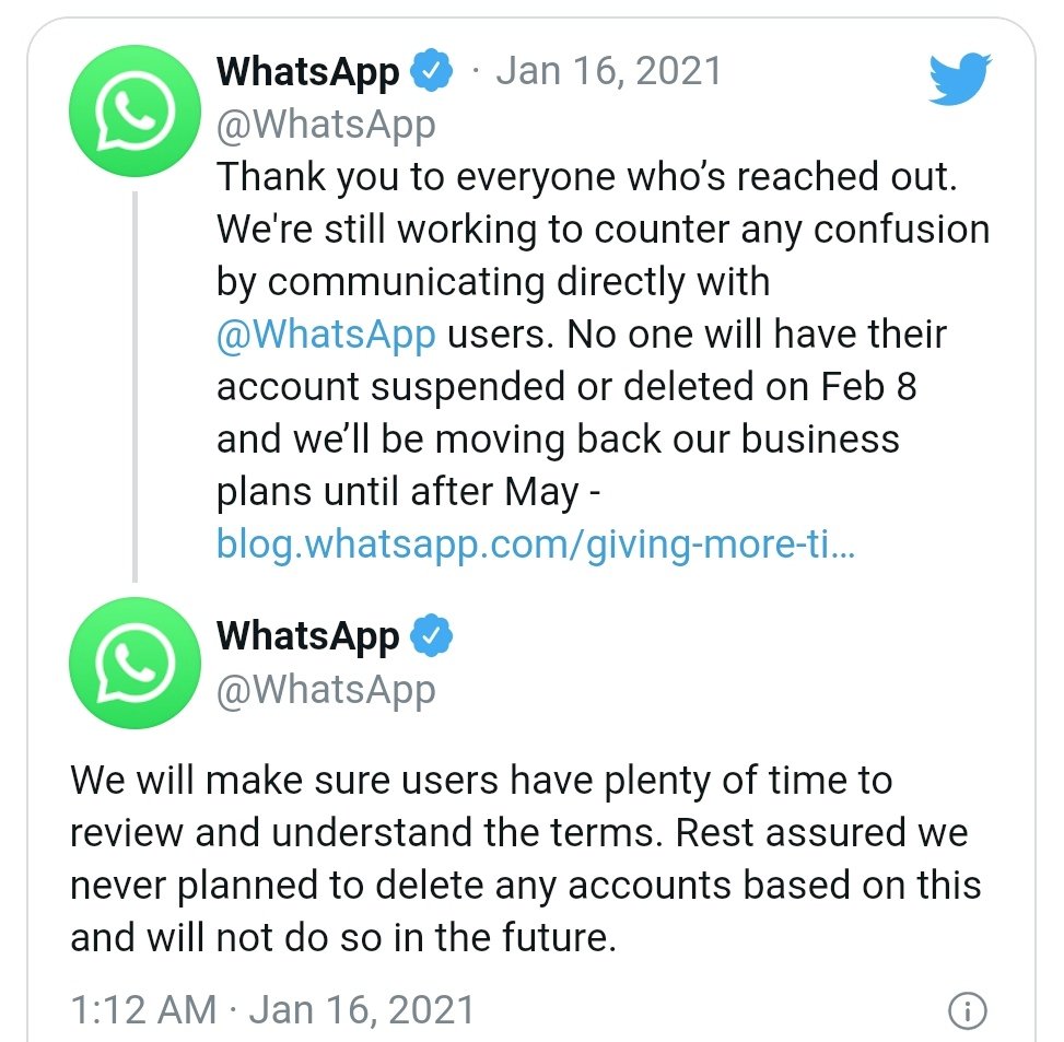 ROT999999's tweet photo. #WhatsApp Postponed Their New Privacy Policy Law, By Three Months. “No One Will Have Their Account Suspended Or Deleted On February 8”, Says WhatsApp.
#WhatsAppPrivacyPolicy. https://t.co/7EQZshrnjM