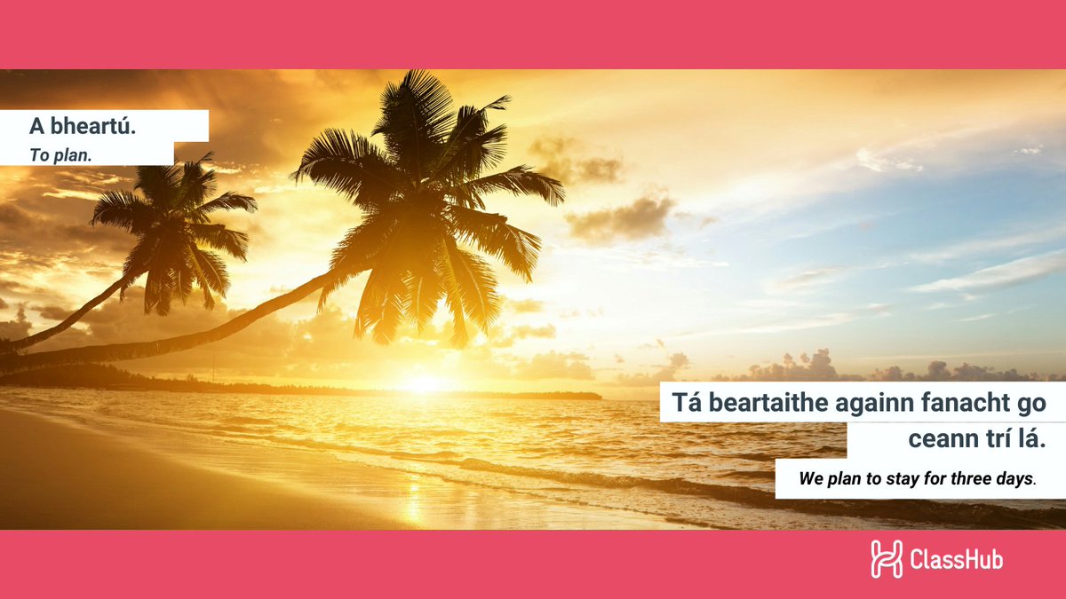 ClassHubapp's tweet image. Gaeilge Word Of The Day

A bheartú ➡️  To plan
We plan to stay for three days. 
Tá beartaithe againn fanacht go ceann trí lá

How would you use this #gaeilge word in a sentence?

Share with us your answer in the comments below.

#classhub
