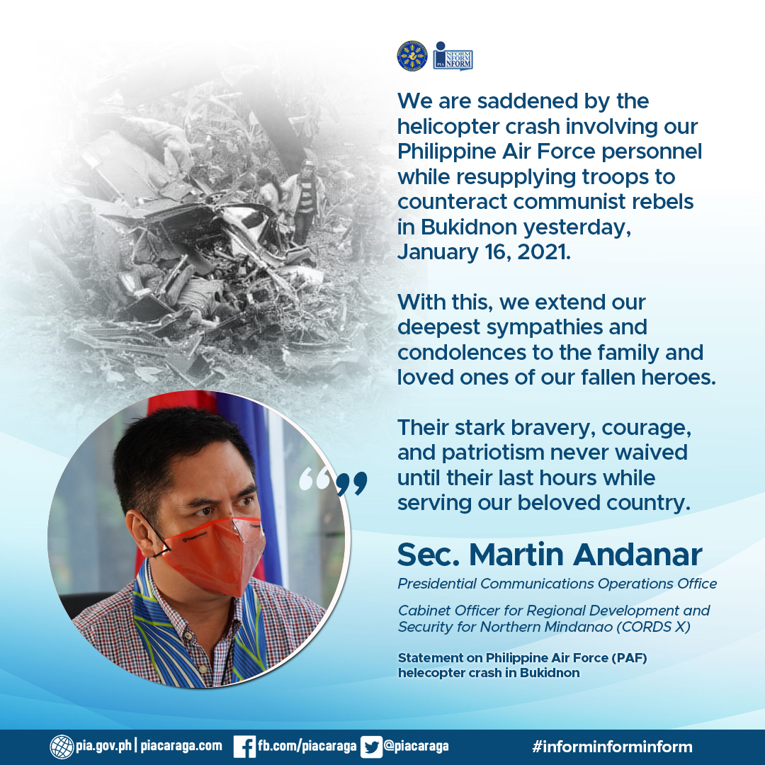 Statement of Presidential Communications Secretary and CORDS for Northern Mindanao (CORDS X) Martin Andanar on PAF helicopter crash in Bukidnon

#InformInformInform https://t.co/PkuioqwCRW