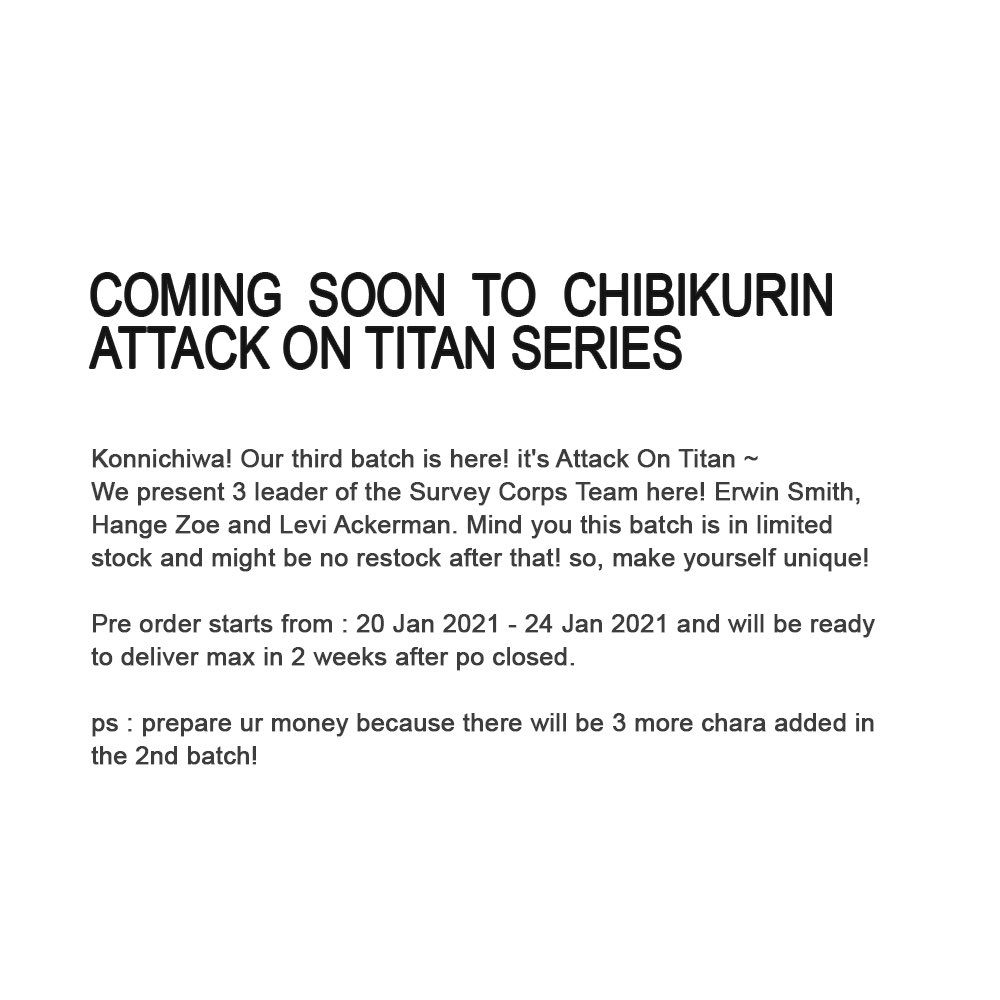 chibikurin_id's tweet photo. RT's are appreciated (●’◡’●)ﾉ
ATTACK ON TITAN SERIES 
PRE ORDER (20-24 jan)

Available merch :
• Sweater
• T-shirt
• Keychain

Available characters : 
• Erwin Smith
• Hange Zoe
• Levi Ackerman

Order thru dm ig / shopee

#aot #levi #erwin #hange https://t.co/06zov5FodG