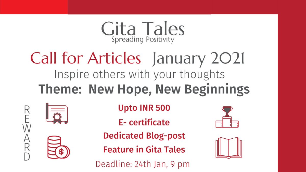 ClubGita's tweet photo. Our 7th Issue will be revolving around the theme 'New Hope, New Beginnings'
Submissions by 24th January, 9pm
More details & registration:
https://t.co/ppPTF7GbZX
For any queries, just drop a comment 😀
#GitaClub #GitaTales #CallForArticles #D2C #ArticleWriting #Competition https://t.co/GbdFkLpfLd