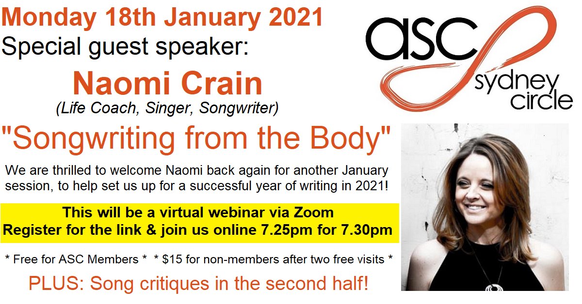 ASCSydneyCircle's tweet photo. One more sleep until we host @naomicrain with another special custom January #workshop for our #songwriting community! 

You can still register for "Songwriting from the Body": https://t.co/NXyqzSmFyy

Plus - peer critiques in the second half! https://t.co/A58khdKFwo