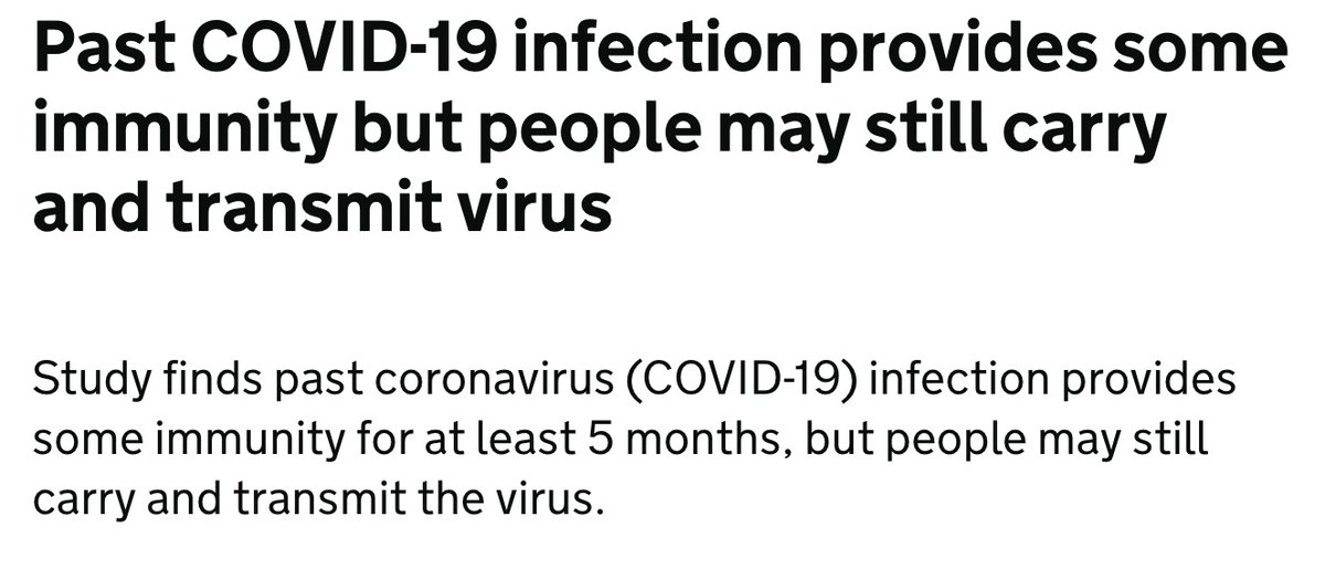 6/ Simultanément, cette confirmation qui assomme: les infectés sont immunes pendant au moins 5 mois mais peuvent répliquer en voies hautes: gorge et nez et transmettre le virus. https://www.gov.uk/government/news/past-covid-19-infection-provides-some-immunity-but-people-may-still-carry-and-transmit-virus