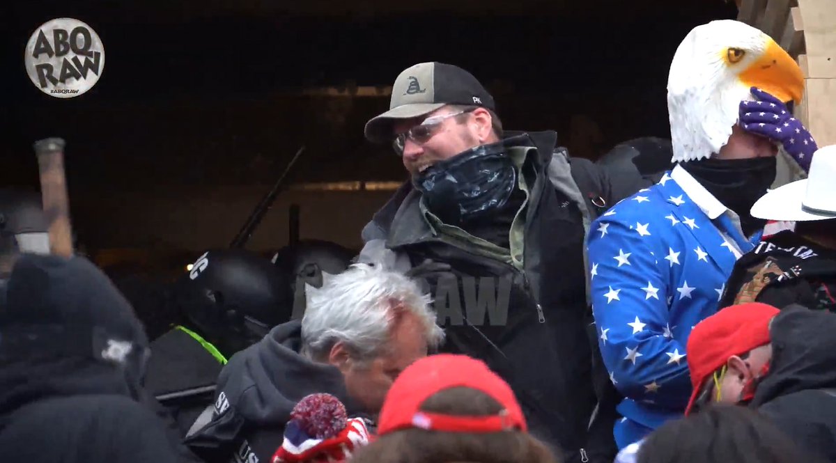 Gadsden hat: Don't Tread on Me lower left. Bandana. American eagle costume.  #SeditionHunters