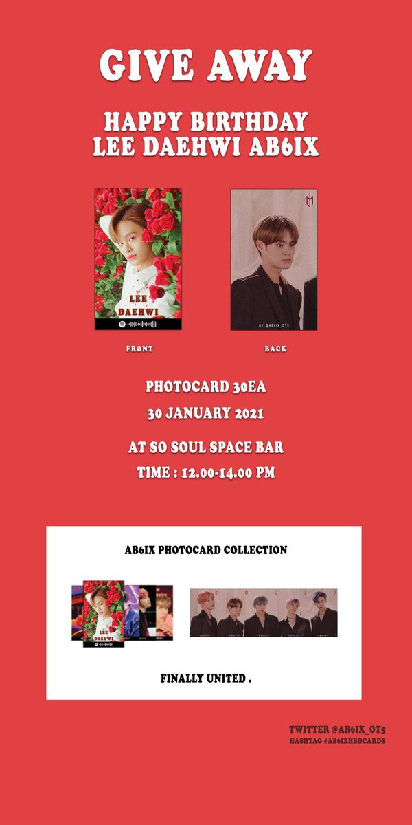 AB6IX_OT5's tweet photo. 🦦 𝐿𝐸𝐸 𝐷𝐴𝐸𝐻𝑊𝐼 𝐵𝐼𝑅𝑇𝐻𝐷𝐴𝑌 🌹

               𝙂𝙄𝙑𝙀 𝘼𝙒𝘼𝙔 🎁

            30 𝐽𝐴𝑁𝑈𝐴𝑅𝑌  2021
     𝐴𝑇 𝑆𝑂 𝑆𝑂𝑈𝐿 𝑆𝑃𝐴𝐶𝐸 𝐵𝐴𝑅
               𝑇𝐼𝑀𝐸 : 12.00-14.00 𝑃𝑀.

#FlorescenceofLDH
#LEEDAEHWI
#이대휘
#LEEDAEHWIBIRTHDAY
#AB6IX https://t.co/YI7LjYC3eA
