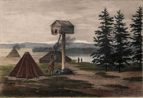 And the characteristic Sámi 'njalla', food storage huts raised from the ground to avoid the intrusion of nosy animals such as wolverines and bears[ https://www.reddit.com/r/interestingasfuck/comments/909zpm/built_in_the_18th_century_one_of_the_oldest/;  https://sv.wikipedia.org/wiki/Njalla#/media/Fil:Sami_Storehouse.jpg; Daniel von Hogguér, 'Reise nach Lappland und dem nördlichen Schweden', 1841]