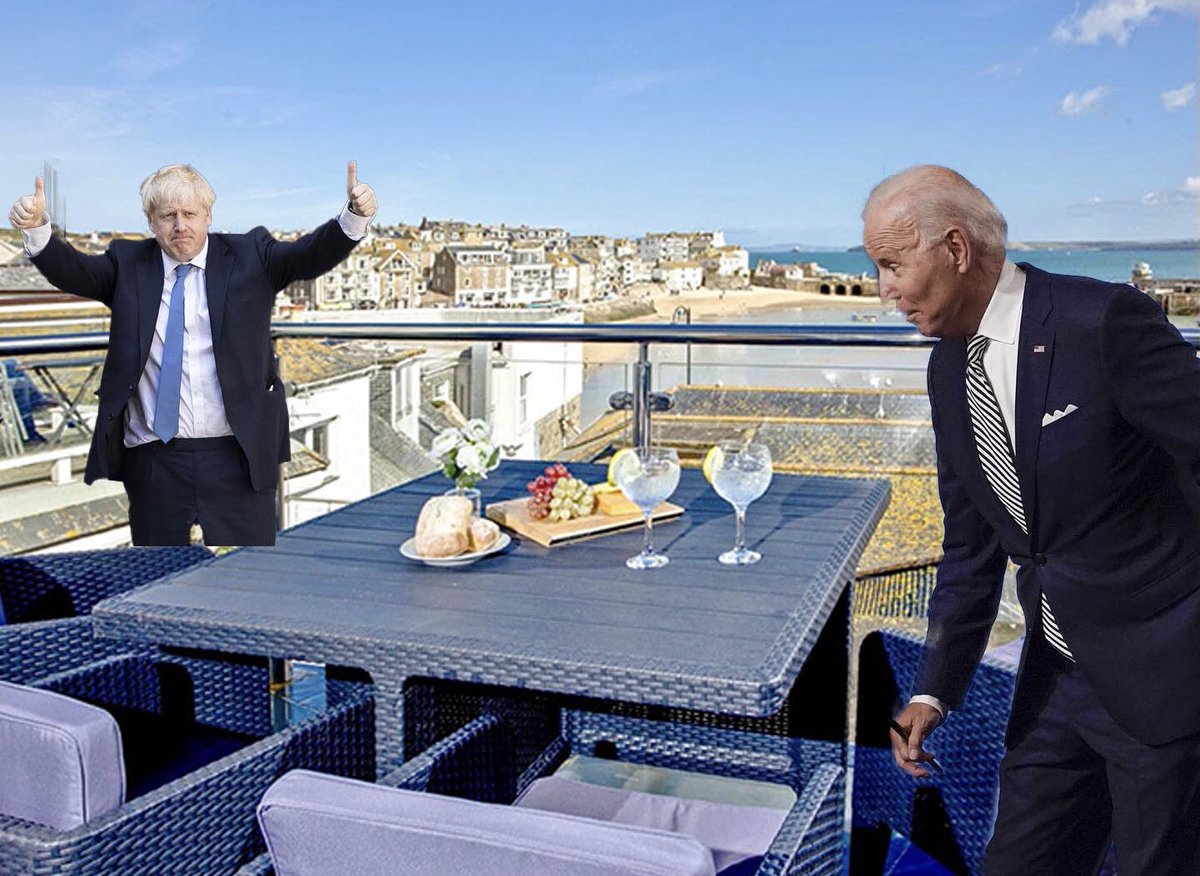 HalfwayCottage's tweet image. Boris likes the view, Joe’s delighted with the spread and the Gin &amp;amp; T’s 😉 #g7cornwall  #G7Summit #StIves #CarbisBay