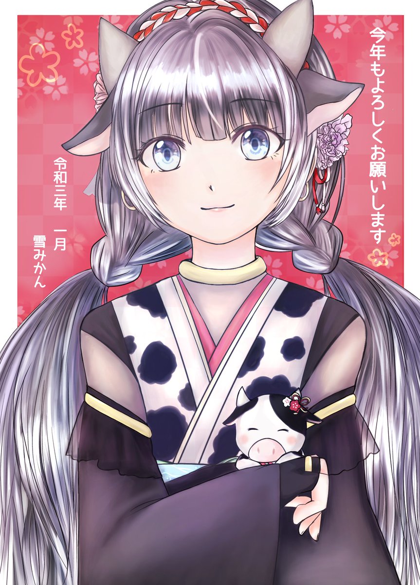 1girl animal ears horns japanese clothes year of the ox kimono blue eyes  illustration images