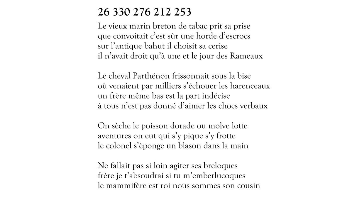 Voici le sonnet 26 330 276 212 253 sur 100 000 000 000 000. Il en reste 99 999 999 998 437 à tweeter. https://t.co/t921tE97B4