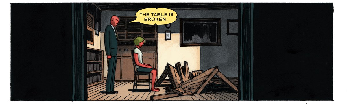 D’ailleurs le génial Gabriel Hernandez Walta jouait énormément avec les espaces négatifs et les bordures dans l’excellente série Vision avec  @TomKingTK , justement pour renforcer l'impression d’enfermement. Et puis on avait un détail cravate ici aussi !