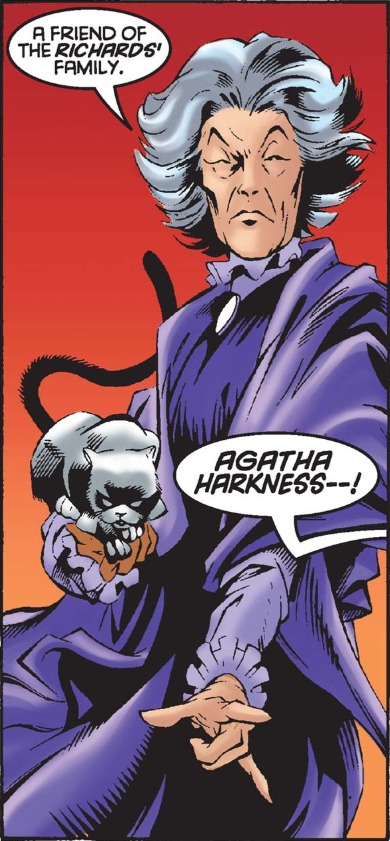 Agatha Harkness est une sorcière centenaire des comics Marvel, connue pour avoir été la nounou de Franklin Richards des 4 Fantastiques. Elle a aussi été la mentor de Wanda en lui apprenant la magie. Et abracadabra : AG(atha) (hark)NES(s) !