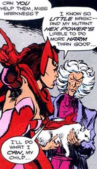 Agatha Harkness est une sorcière centenaire des comics Marvel, connue pour avoir été la nounou de Franklin Richards des 4 Fantastiques. Elle a aussi été la mentor de Wanda en lui apprenant la magie. Et abracadabra : AG(atha) (hark)NES(s) !