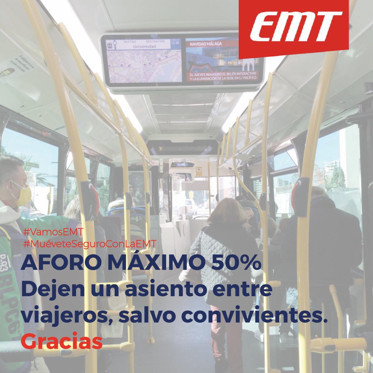 EMT_Malaga's tweet photo. Les informamos que el aforo de nuestros autobuses se reduce al 50% y deberán dejar un asiento de separación, salvo convivientes. Gracias
#emtmalaga #seguridadbus #mueveteseguroconlaemt #vamosemt #emtmlg #busmalaga #covidfree #seguridadbus #transporteurbano https://t.co/u1Wfi19lkq